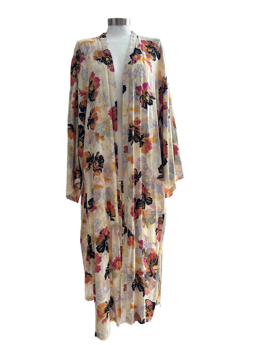 Free People Floral Open-Front Kimono Robe in Cream, Pink & Yellow
